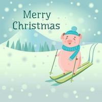 Piglet in hat and scarf skiing with snow mountain on background. vector