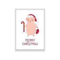 Piglet wearing Santa hat with gift sock isolated on white background. vector