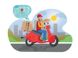 Pizza motorbike delivery. Urban landscape with food courier driving bike fast delivery vector