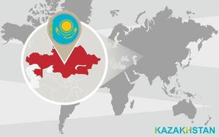 World map with magnified Kazakhstan vector