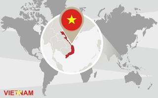 World map with magnified Vietnam vector