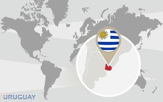 mapa del mundo con uruguay magnificado vector