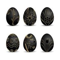 Black easter eggs with golden floral texture set vector