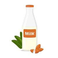 Almond milk in a glass bottle. Vegan product. Lactose free. Flat illustration. vector
