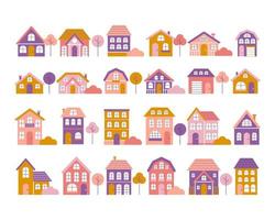 Big set of tiny houses with trees and bushes in flat style, small town, colorful facades vector