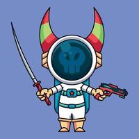 astronauta monstruo usando katana y pistola, lindo icono de dibujos animados ilustración vector