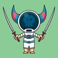 astronauta monstruo usando dos katana, lindo icono de dibujos animados ilustración