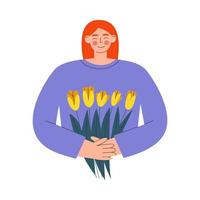 mujer sonriente con ramo de tulipanes vector