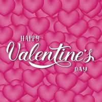 Happy Valentine s Day calligraphy hand lettering on pink background with 3d flying hearts. Valentines day greeting card. Easy to edit vector template