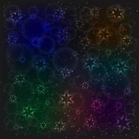 The magic rainbow pattern with glowing neon stars, bubblies and sparkling particles. Space background. Design template. The night sky vector illustration.