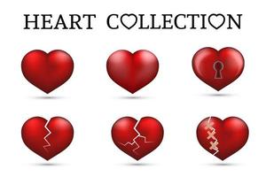 Red heart collections. Set of six realistic hearts isolated on white background. 3d icons. Valentine s day vector illustration. Love story symbol. Easy to edit design template.