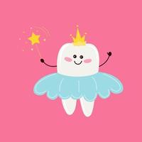 Linda hada de dientes de bebé en una corona, falda esponjosa y con una varita mágica. fondo rosa ilustración vectorial en estilo de dibujos animados vector