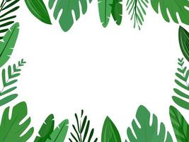 rectangular frame with green leaves of tropical plants. Template for business cards, postcards, photo frames. Vector illustration, flat cartoon style