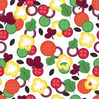 ensalada griega de patrones sin fisuras sin fin. vegetales de manera caótica. fondo para textiles de cocina, servilletas de papel, menú vegano. ilustración vectorial vector