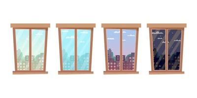 Windows, view from the window morning, afternoon, evening, night on city landscapes. In the distance there are high-rise buildings, trees, stars and clouds in the sky. Flat style vector illustration