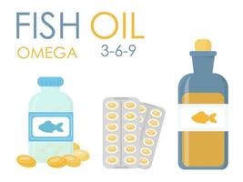 set bottle, vial, capsules with fish oil. Various forms and dosages. Food supplement Omega 3-6-9. Isolated over white background. Vector illustration. Flat