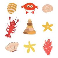 set of inhabitants of the seabed. Isolated starfish, crab, lobster, seashells, stones on abel background. Vector illustration, cartoon flat style