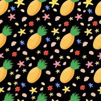 seamless pattern pineapple, seashells, flowers, starfish. Beach summer background. Print for textiles, wrappers, wallpaper, paper. Vector illustration, cartoon style