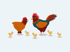 hen, rooster and chicks cartoon style. Design elements for advertising chicken meat, eggs. Bird farm. Vector illustration, isolated image, simple