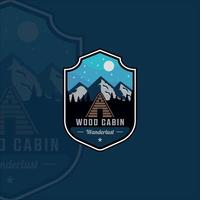 wood cabin outdoor  emblem logo vector illustration template icon graphic design. adventure wildlife vintage with forest mountain sign or symbol label for business lodging cottage or travel