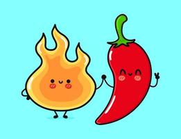 lindo, divertido fuego feliz y ají. personajes kawaii de dibujos animados dibujados a mano vectorial, icono de ilustración. concepto de personaje de mascota de fuego y chile de dibujos animados divertidos vector