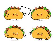 juego de paquetes de personajes divertidos y felices de tacos. ilustración de estilo de dibujos animados de línea kawaii vectorial. aislado sobre fondo blanco. linda colección de personajes de la mascota del taco vector