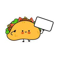 lindo taco divertido con cartel. icono de ilustración de personaje kawaii de dibujos animados dibujados a mano vectorial. aislado sobre fondo azul. taco pensar concepto vector