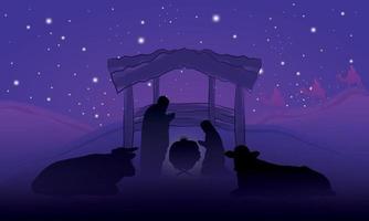 Nativity landscape purple night scene with stars mangel Vector