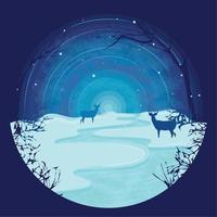 Colored winter landscape with silhouette of reindeers Vector