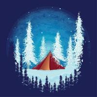 Colored winter landscape with a tent and trees Vector