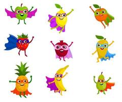 Cute super fruits set in flat style. Superheroes with smiles, cloaks and masks. Apple and lemon, orange and strawberry, pomegranate and mango, pineapple and banana, pear. vector
