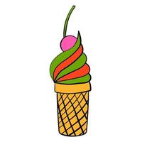 Cartoon doodle ice cream in cone with cherry isolated on white background. vector