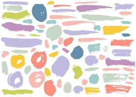 Set of colorful hand drawn grunge elements, geometrical shapes, rings, circles, banners, brush strokes isolated on white. vector