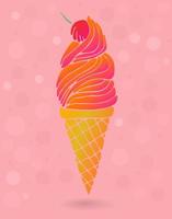 Cute colorful ice cream cone with cherry isolated on pink background. Card, poster, sticker. vector