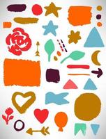 colorido conjunto hecho a mano de elementos grunge, trazo de pincel, corazón, bandera, flecha, globo de aire, círculo, cuadrado, triángulo, estrella, línea, hoja, flor, guirnalda, rosa, punto, media luna. vector