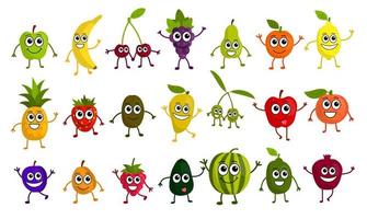 Cute cartoon fruits set in flat style isolated on white background. Kawaii emoji fruit icons. vector