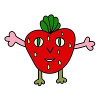 Cute cartoon strawberry character with leaves and seeds isolated on white background. vector