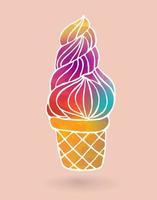 Colorful ice cream in cone with white contour isolated on pink background. Sticker. vector