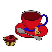 taza de té en un platillo con una cucharadita de azúcar y rebanadas. caramelo en un envoltorio con una nuez en el centro. aislado sobre fondo blanco.