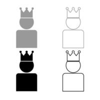 King in crown icon outline set grey black color vector