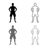 Man holding hands on belt confidence concept silhouette serious master of the situation front view icon set grey black color illustration outline flat style simple image vector