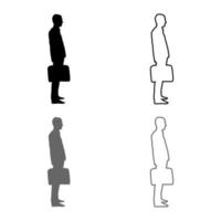 Businessman with briefcase standing Man with a business bag in his hand silhouesse icon set grey black color illustration outline flat style simple image vector