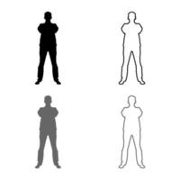 Confident man crossed his arms Business man silhouette concept front view icon set grey black color illustration outline flat style simple image vector