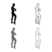 Posing bodybuilder silhouette Bodybuilding concept icon set grey black color illustration outline flat style simple image vector