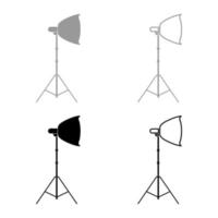 foco en trípode proyector de luz softbox en trípode equipo de luz de trípode para fotografía profesional conjunto de iconos de luz de teatro ilustración de vector de color gris negro imagen de estilo plano