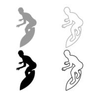 Surfer on surferboard icon outline set grey black color vector