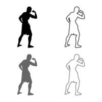 Bodybuilder showing biceps muscles Bodybuilding sport concept silhouette side view icon set grey black color illustration outline flat style simple image vector