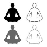 hombre en pose lotus yoga pose meditación posición silueta asana icono conjunto gris negro color ilustración contorno plano estilo simple imagen vector