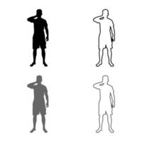 Man closing his eyes his hands silhouette front view icon set grey black color illustration outline flat style simple image vector