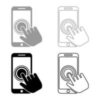 Click on touch screen smartphone Modern smartsphone with hand clicking on screen Finger click on mobile phone Action in apps cellphone Using telephone icon set black grey color vector illustration